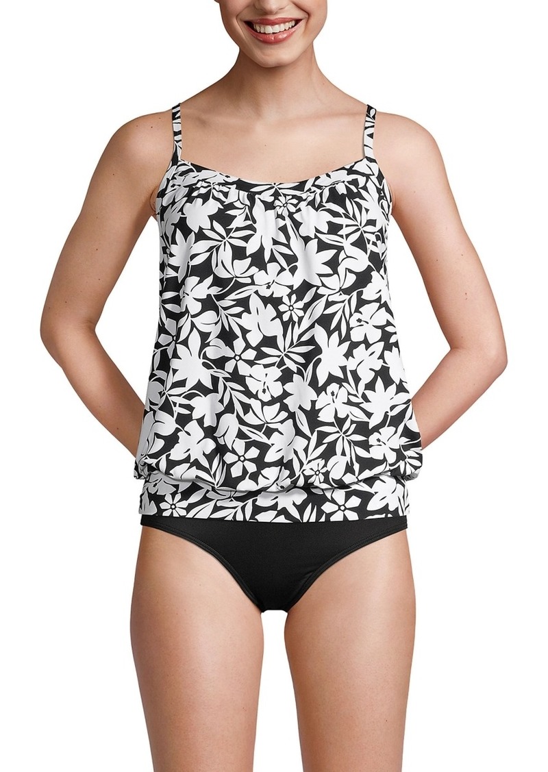 Lands' End Women's Chlorine Resistant Blouson Tankini Swimsuit Top - Black havana floral