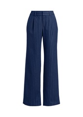 Lands' End Women's Brushed Flannel High Rise Pleated Wide Leg Pants - Deep sea navy pinstripe