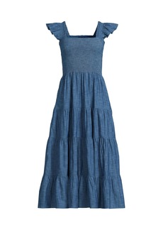 Lands' End Women's Chambray Smocked Dress with Ruffle Straps - Medium indigo chambray