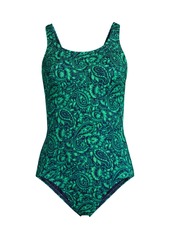 Lands' End Women's Chlorine Resistant High Leg Soft Cup Tugless Sporty One Piece Swimsuit - Blackberry tile geos
