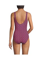 Lands' End Women's Chlorine Resistant High Leg Soft Cup Tugless Sporty One Piece Swimsuit - Blackberry tile geos