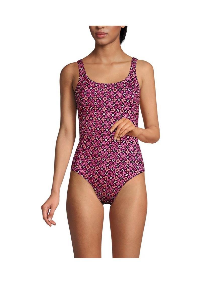 Lands' End Women's Chlorine Resistant High Leg Soft Cup Tugless Sporty One Piece Swimsuit - Blackberry tile geos