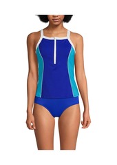 Lands' End Women's Chlorine Resistant High Neck Zip Front Racerback Tankini Swimsuit Top - Electric blue/turquoise/white