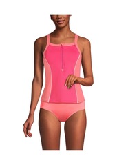 Lands' End Women's Chlorine Resistant High Neck Zip Front Racerback Tankini Swimsuit Top - Rouge pink/wood lily