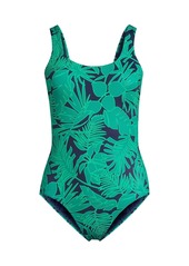 Lands' End Women's Chlorine Resistant High Leg Soft Cup Tugless Sporty One Piece Swimsuit - Blackberry tile geos