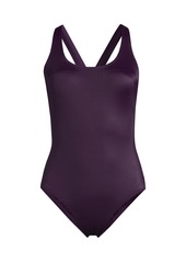 Lands' End Women's Chlorine Resistant X-Back High Leg Soft Cup Tugless Sporty One Piece Swimsuit - Black