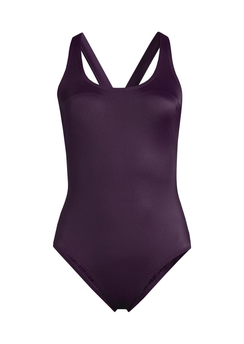 Lands' End Women's Scoop Neck X-Back High Leg Tugless Sporty One Piece Swimsuit - Blackberry