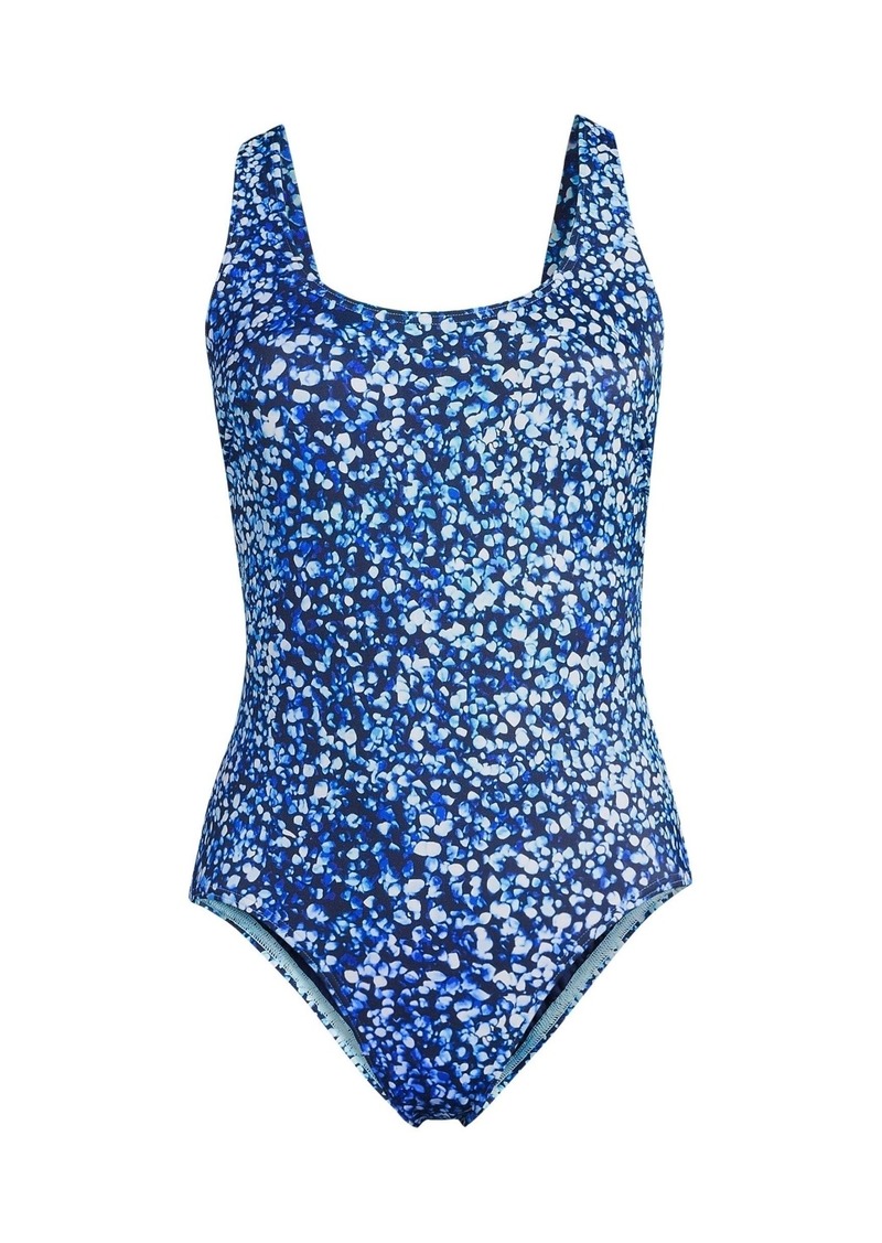 Lands' End Women's Scoop Neck X-Back High Leg Tugless Sporty One Piece Swimsuit - Navy/turquoise mosaic dot