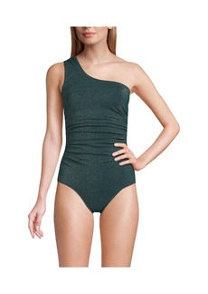 Lands' End Women's Chlorine Resistant Shine Shirred One Shoulder High Leg One Piece Swimsuit - Deep balsam shine