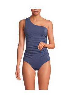 Lands' End Women's Chlorine Resistant Shine Shirred One Shoulder High Leg One Piece Swimsuit - Mediterranean blue shine