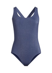 Lands' End Women's Chlorine Resistant Shine X-Back High Leg Soft Cup Tugless One Piece Swimsuit - Mediterranean blue shine