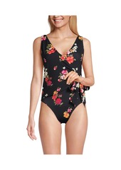 Lands' End Women's Side Tie V-neck Wrap High Leg One Piece Swimsuit - Black meadow floral