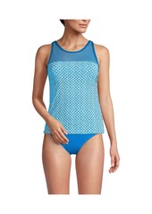 Lands' End Women's Chlorine Resistant Smoothing Control Mesh High Neck Tankini Swimsuit Top - Bright cerulean geo