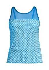 Lands' End Women's Chlorine Resistant Smoothing Control Mesh High Neck Tankini Swimsuit Top - Bright cerulean geo