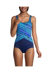 Lands' End Women's Scoop Neck Tugless Sporty One Piece Swimsuit - Fresh grass painted flower