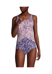 Lands' End Women's Scoop Neck Tugless Sporty One Piece Swimsuit - Fresh grass painted flower