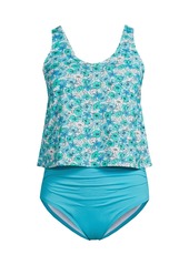 Lands' End Women's V-neck One Piece Fauxkini Swimsuit Faux Tankini Top - Turquoise/aqua small floral