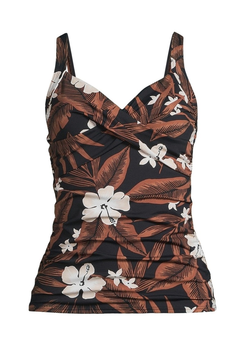 Lands' End Women's V-Neck Wrap Underwire Tankini Swimsuit Top - Black floral palm