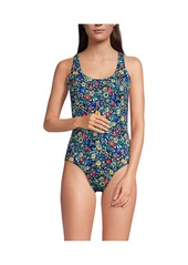 Lands' End Women's Chlorine Resistant X-Back High Leg Soft Cup Tugless Sporty One Piece Swimsuit - Deep sea navy bright floral