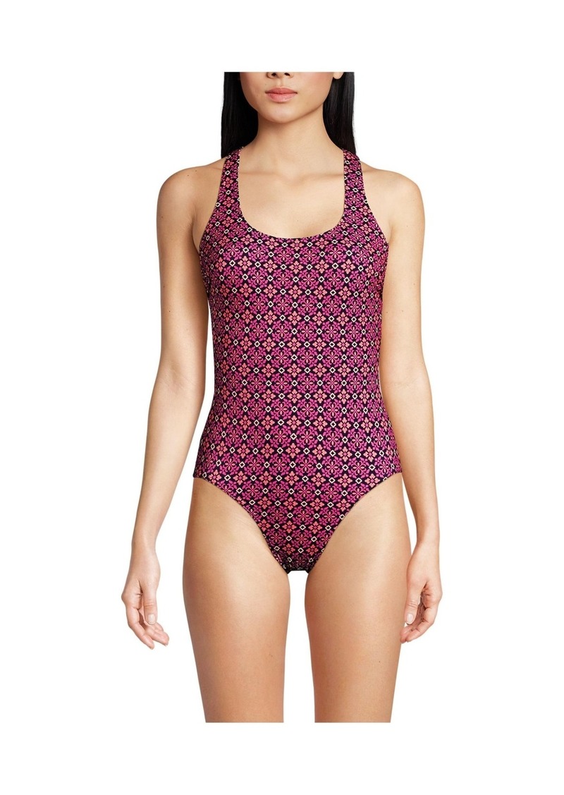 Lands' End Women's Scoop Neck X-Back High Leg Tugless Sporty One Piece Swimsuit - Blackberry tile geos