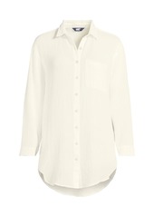 Lands' End Women's Cotton Gauze Button Down Swim Cover-up Shirt Dress - Egret white