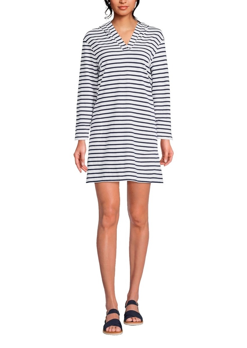Lands' End Women's Cotton Jersey Long Sleeve Hooded Swim Cover-up Dress - White/deep sea stripe
