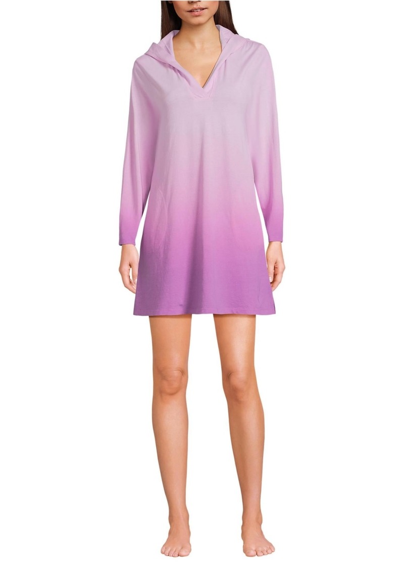 Lands' End Women's Cotton Jersey Long Sleeve Hooded Swim Cover-up Dress - Vivid violet ombre