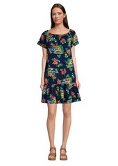 Lands' End Women's Cotton Jersey Off the Shoulder Ruffle Hem Swim Cover-up Dress - Navy multi tropical scenic