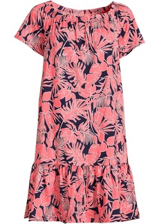 Lands' End Women's Cotton Jersey Off the Shoulder Ruffle Hem Swim Cover-up Dress - Wood lily/navy palm foliage