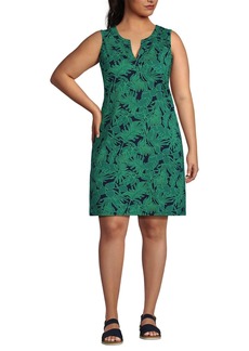 Lands' End Women's Cotton Jersey Sleeveless Swim Cover-up Dress Print - Navy/emerald palm foliage