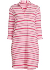 Lands' End Women's Cotton Slub 3/4 Sleeve Polo Dress - Pink dahlia multi stripe