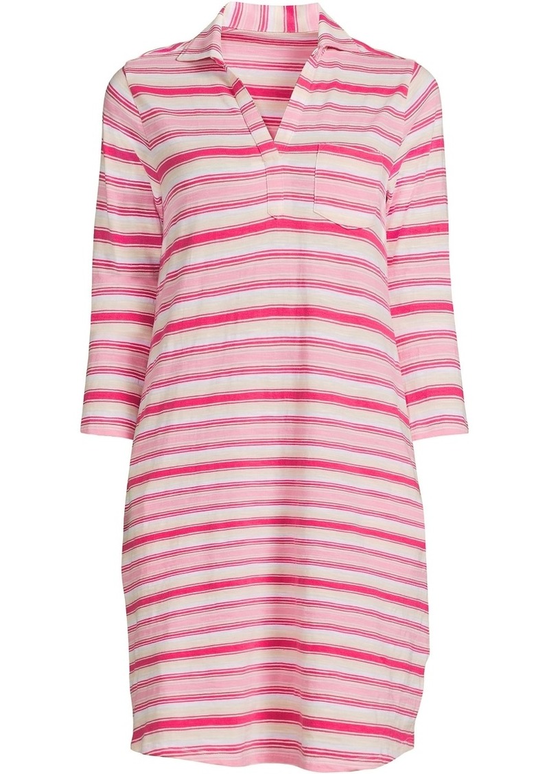 Lands' End Women's Cotton Slub 3/4 Sleeve Polo Dress - Pink dahlia multi stripe