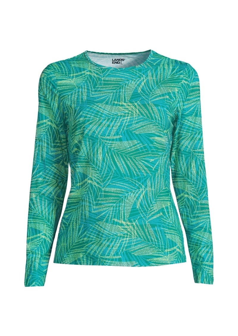 Lands' End Women's Long Crew Neck Long Sleeve Rash Guard Upf 50 Sun Protection Swim Tee - Island emerald stipple palm