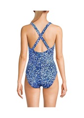 Lands' End Women's D-Cup Chlorine Resistant X-Back High Leg Soft Cup Tugless Sporty One Piece - Navy/turquoise mosaic dot