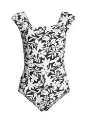 Lands' End Women's D-Cup Tummy Control Cap Sleeve X-Back One Piece Swimsuit - Black havana floral