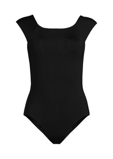 Lands' End Women's D-Cup Chlorine Resistant Tummy Control Cap Sleeve X-Back One Piece Swimsuit - Black
