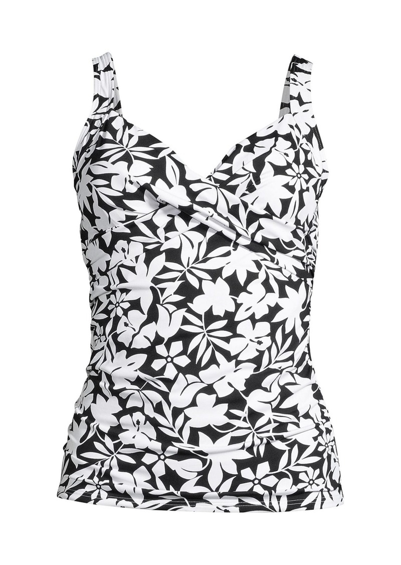 Lands' End Women's Dd-Cup V-Neck Wrap Underwire Tankini Swimsuit Top - Black havana floral