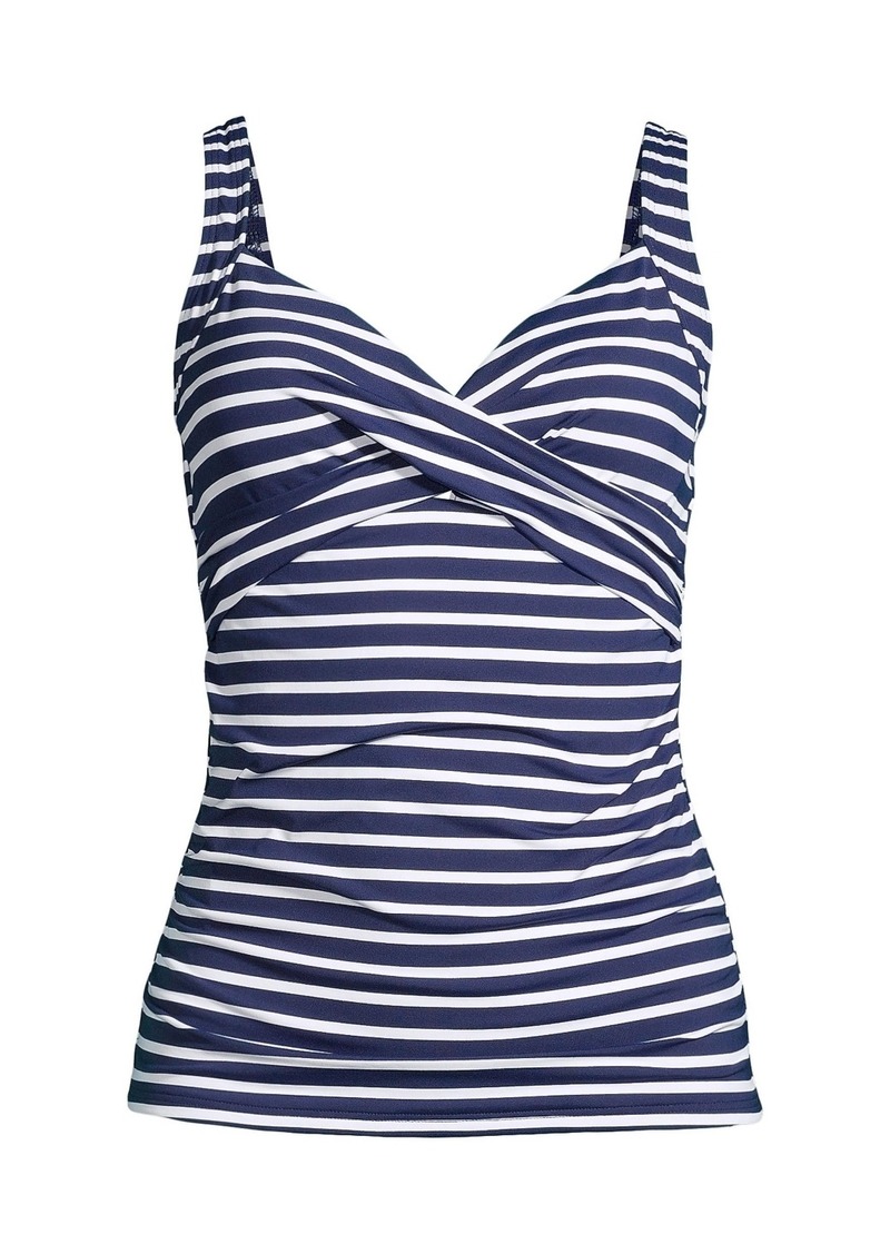 Lands' End Women's Dd-Cup V-Neck Wrap Underwire Tankini Swimsuit Top - Deep sea/white media stripe