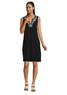 Lands' End Women's Embroidered Cotton Jersey Sleeveless Swim Cover-up Dress - Black/white