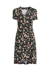 Lands' End Women's Gathered Waist Short Sleeve Dress - Black/pink floral