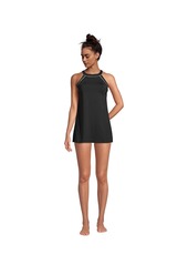 Lands' End Women's Chlorine Resistant High Neck Swim Dress One Piece Swimsuit - Rouge pink/wood lily