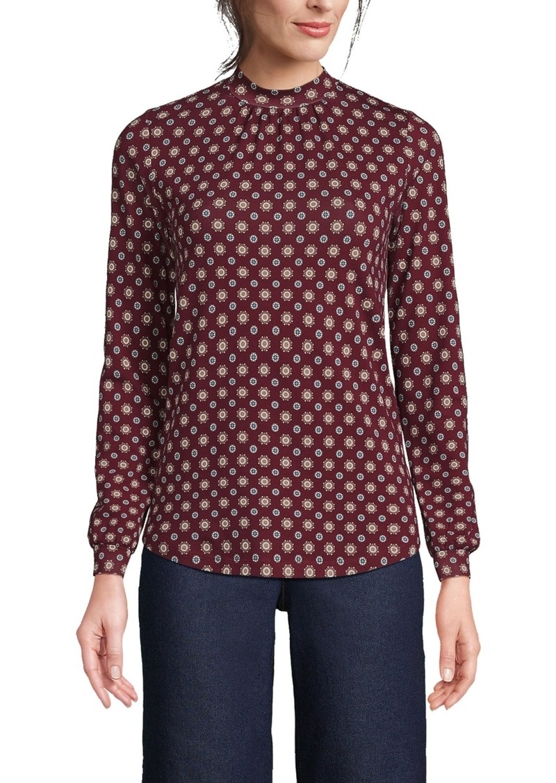 Lands' End Women's Jersey Long Sleeve Gathered Mock Neck Tee - Rich burgundy encircle geo