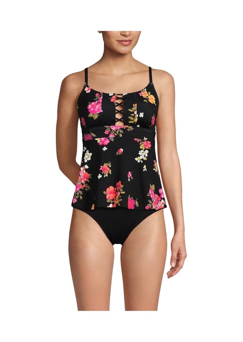 Lands' End Women's Lace-up Flutter Tankini Swimsuit Top - Black meadow floral