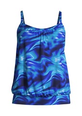 Lands' End Women's Long Blouson Tummy Hiding Tankini Swimsuit Top Adjustable Straps - Electric blue multi/swirl