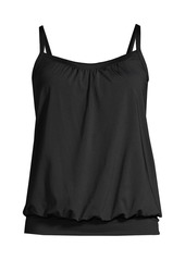 Lands' End Women's Long Blouson Tummy Hiding Tankini Swimsuit Top Adjustable Straps - Black havana floral