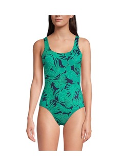 Lands' End Women's Long Chlorine Resistant High Leg Soft Cup Tugless Sporty One Piece Swimsuit - Navy/emerald palm foliage