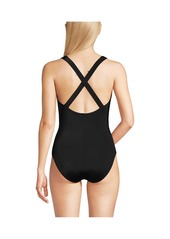 Lands' End Women's Long Chlorine Resistant Scoop Neck X-Back High Leg Soft Cup Tugless Sporty One Piece Swimsuit - Black