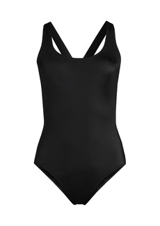 Lands' End Women's Long Chlorine Resistant Scoop Neck X-Back High Leg Soft Cup Tugless Sporty One Piece Swimsuit - Black