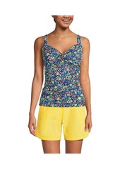 Lands' End Women's Long V-Neck Wrap Underwire Tankini Swimsuit Top Adjustable Straps - Deep sea navy bright floral