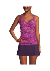 Lands' End Women's Long V-Neck Wrap Underwire Tankini Swimsuit Top Adjustable Straps - Violet rose stipple palm